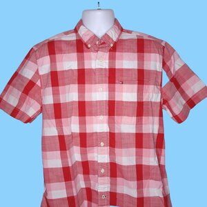 Tommy Hilfiger Mens Plaid Button-Up Short Sleeve Shirt L Classic Fit Red White